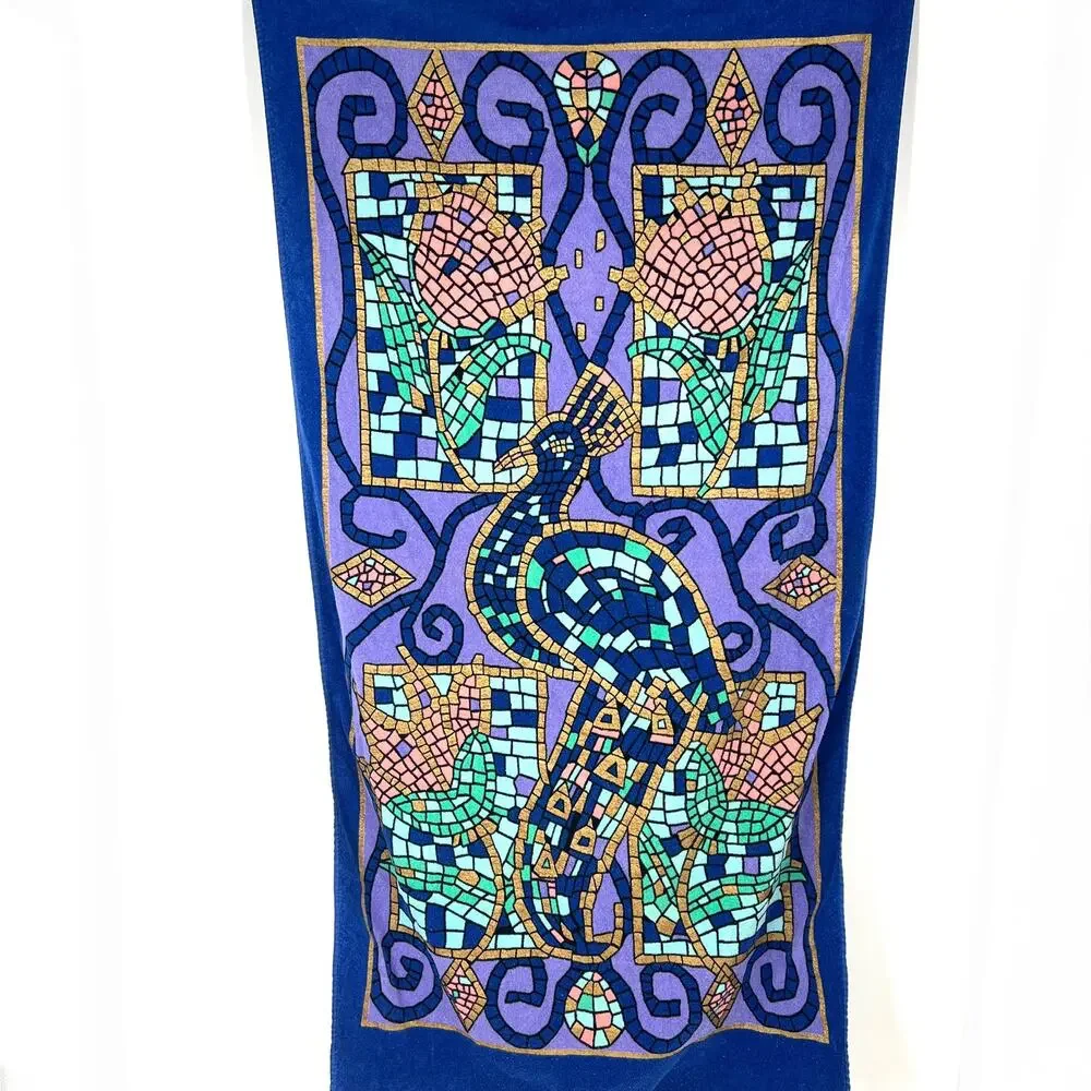 Vintage Franco Brazil Mosaic Stained Glass Print Cotton Beach Towel Peacock #2
